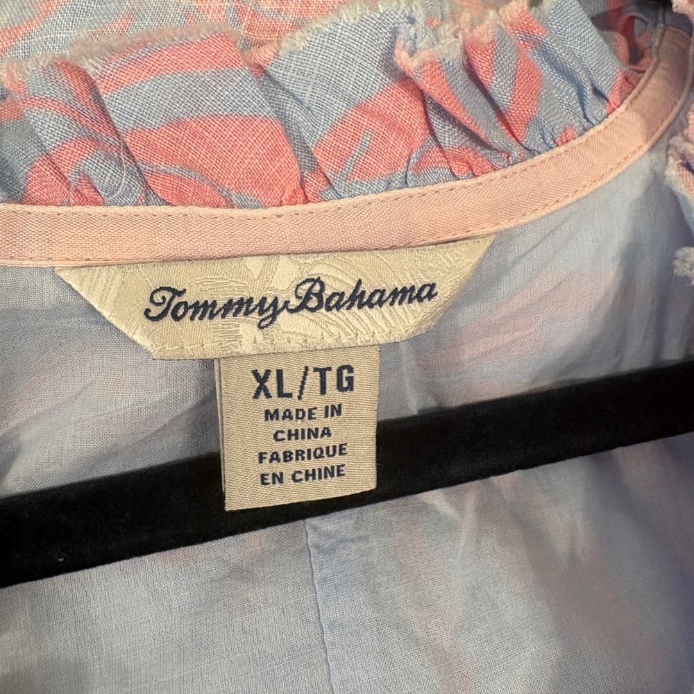 Tommy Bahama Dress Womens XL Blue Pink Palm Tree Linen Shift Ruffle Neck Resort - Picture 6 of 9